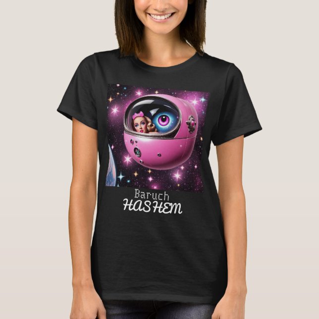 Retro Pink Space Girl in den Sternen T-Shirt (Vorderseite)