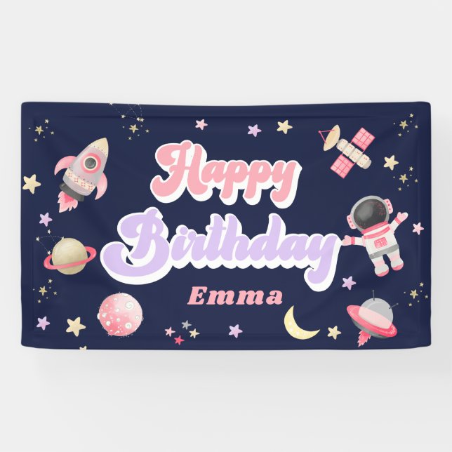 Retro Pink Space Happy Birthday Banner (Horizontal)