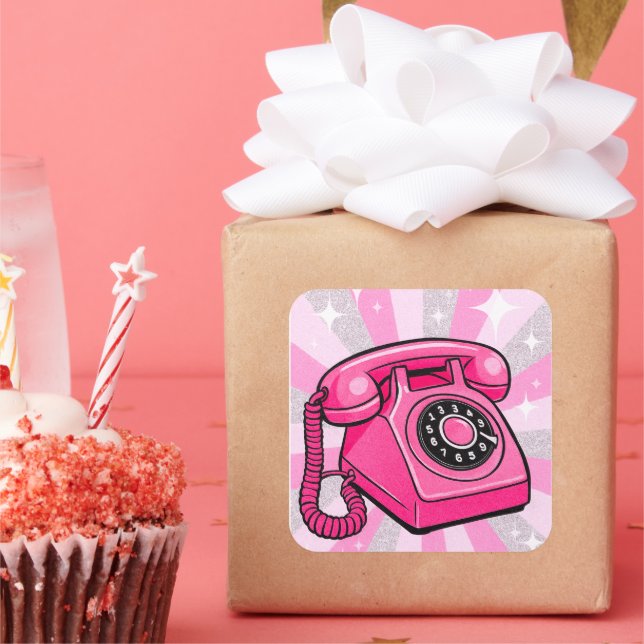 Retro Pink Sparkle Rotary Landline Telefon Quadratischer Aufkleber (Party)