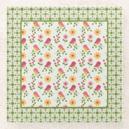 Retro Pink Spring Birds Panel Glasuntersetzer