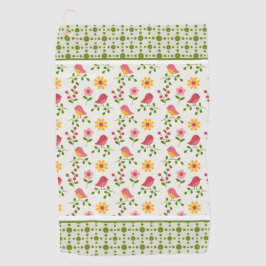 Retro Pink Spring Birds Panel Golfhandtuch