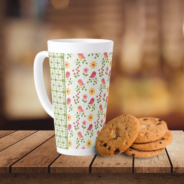 Retro Pink Spring Birds Panel Milchtasse (Von Creator hochgeladen)