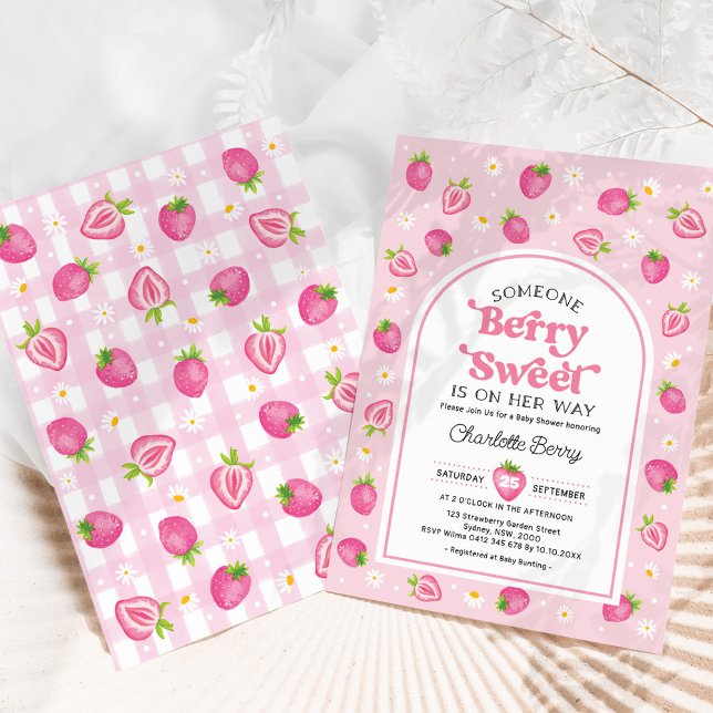 Retro Pink Strawberry Berry Sweet Girl Babydusche Einladung (Von Creator hochgeladen)