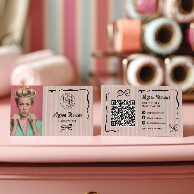 Retro Pink Striped Quirky Hair photo qr code Logo Visitenkarte (Retro Pink Striped Quirky Hair photo qr code Logo Business Card)