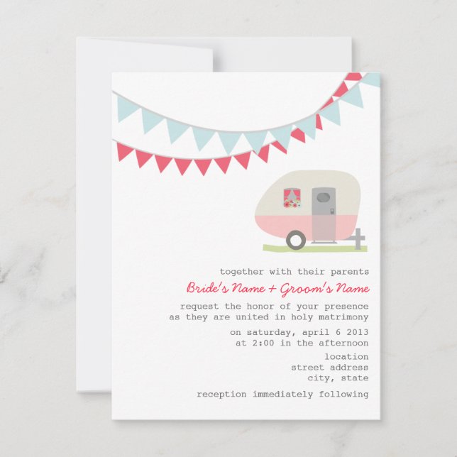 Retro Pink Trailer Hochzeitsempfang Einladung (Vorderseite)