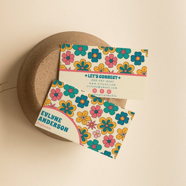 Retro Pink Turquoise Groovy Floral Boho Girly Visitenkarte (Von Creator hochgeladen)