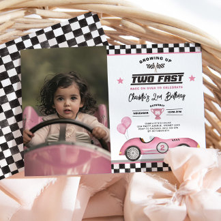 Retro Pink Two Fast Race Car 2. Geburtstag Foto Einladung