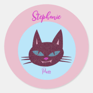 Retro Pink und Blue Purring Kitty Runder Aufkleber