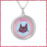 Retro Pink und Blue Purring Kitty Versilberte Kette<br><div class="desc">Retro rosa und blau Purring kitty. Spielerisch. Whimsical.</div>