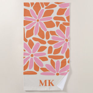 Retro Pink und Orange Blume Monogramm Strandtuch