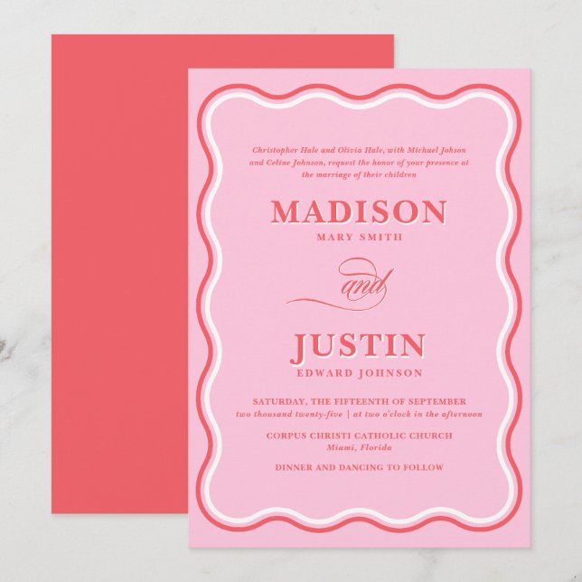 Retro Pink und Rot Squiggle Curves Wavy Wedding Einladung (Vorne/Hinten)