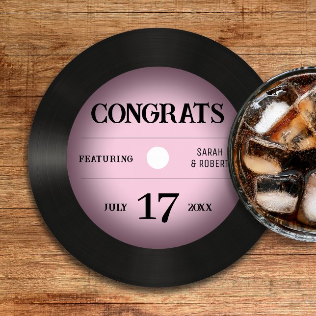Retro Pink Vinyl Record Hochzeitsgratulation Runder Pappuntersetzer (Retro Pink Vinyl Record Wedding Congratulations Round Paper Coaster
)