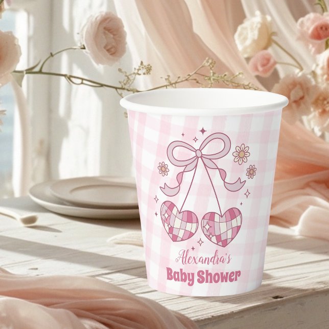Retro Pink Watercolor Bow Girl Babydusche Pappbecher (Von Creator hochgeladen)