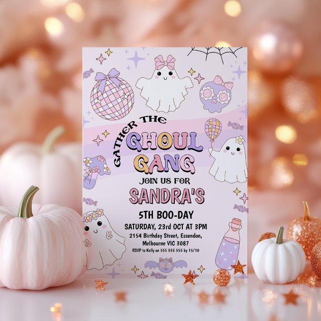 Retro Pink Wave Halloween Ghoul Gang Birthday Einladung (Halloween Ghoul Gang Birthday Invitation, Retro Purple Pink Ghoul Gang Halloween Birthday Invitation)