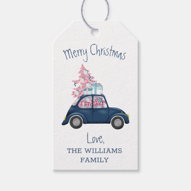 Retro Pink Weihnachtsbaum Blue Car Frohe Weihnacht Geschenkanhänger (Vorderseite)