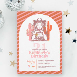 Retro-Pink-Western-Cowgirl-Geburtstagsfeier zum 21 Einladung