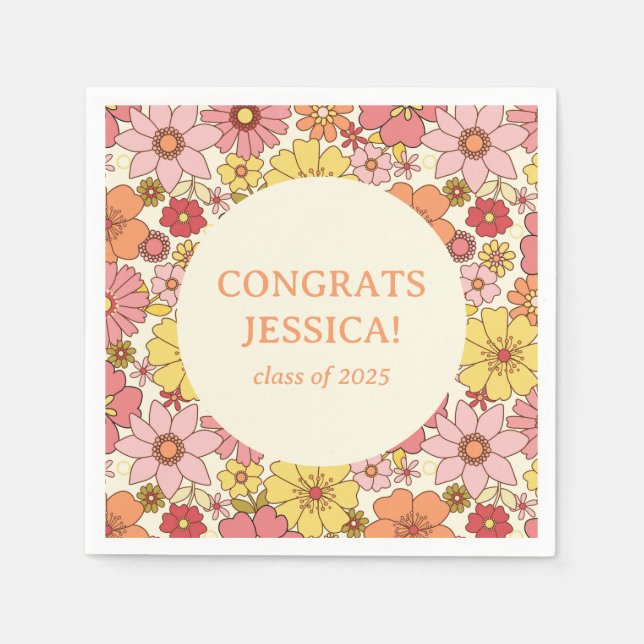 Retro Pink Yellow Floral Groovy Graduation Party Serviette (Vorderseite)