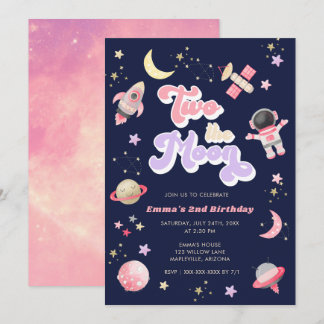Retro Pink Zwei der Mondraum Geburtstag Einladung