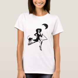 Retro pinup Girl Hexe Riding Besen Schwarze Katzen T-Shirt