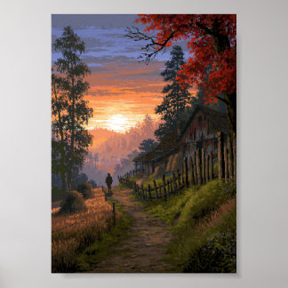 Retro-Pixel-Art-Landweg auf dem Lande Poster