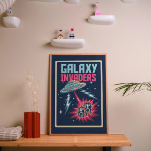 Retro-Pixel-Art Neon-Pink und Teal-Galaxie-Invasor Poster