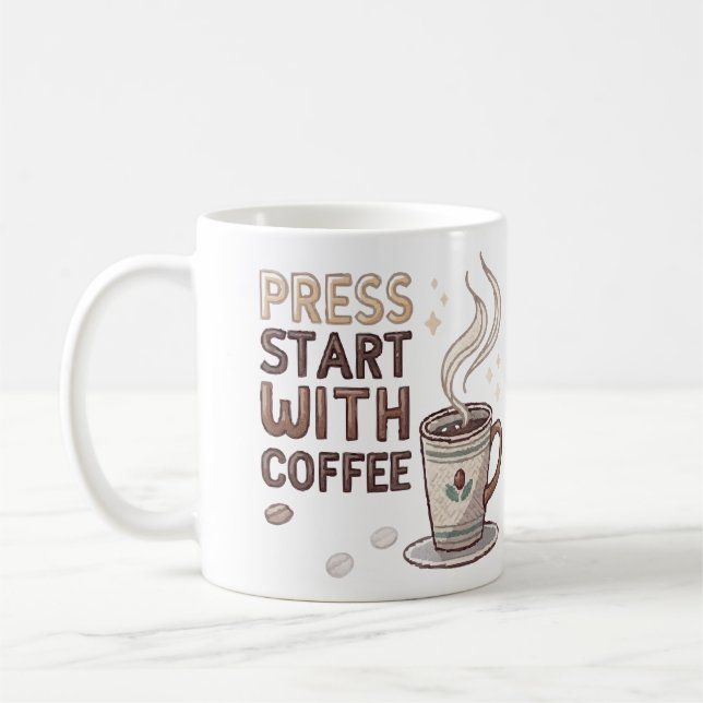 Retro Pixel Art "Press Start with Coffee" Gamer Mu Kaffeetasse (Links)