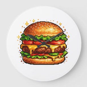 Retro-Pixel-Cheeseburger-Uhr Große Wanduhr