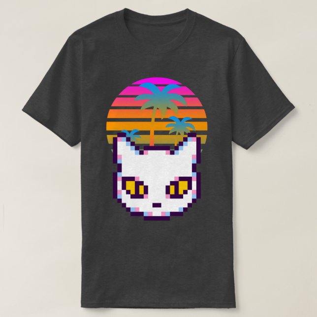 Retro Pixel Kitty Cat Palm Trees Sunset T-Shirt (Design vorne)