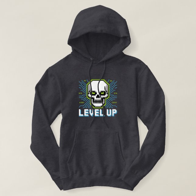 Retro Pixel Level Up Gamer Skull Hoodie (Design vorne)