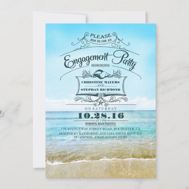 Retro plage bleu ombre fiançailles invitations (Devant)
