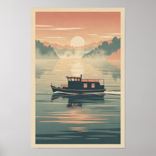 Retro-Plakat der nebeligen Flussfähre bei Sonnenau Poster
