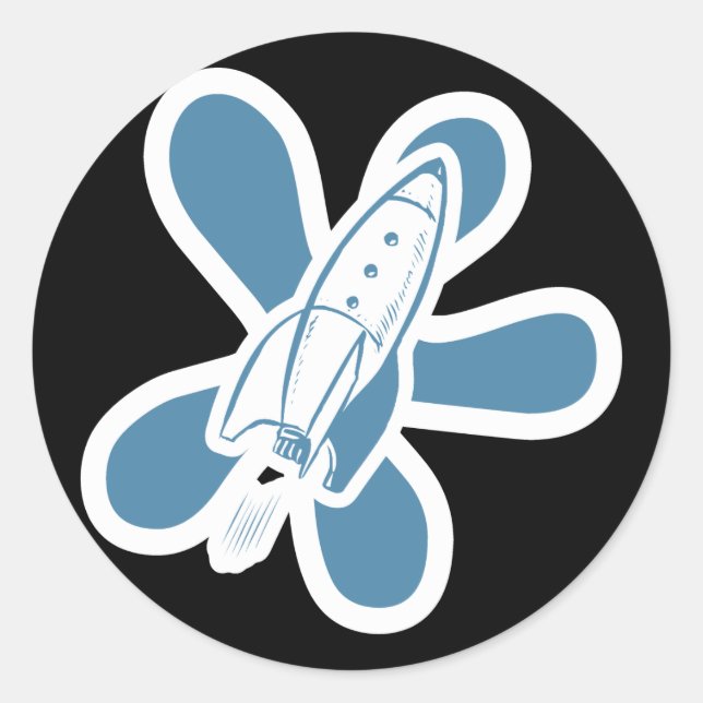 Retro Platsch Rocket White Blue Runder Aufkleber (Vorderseite)