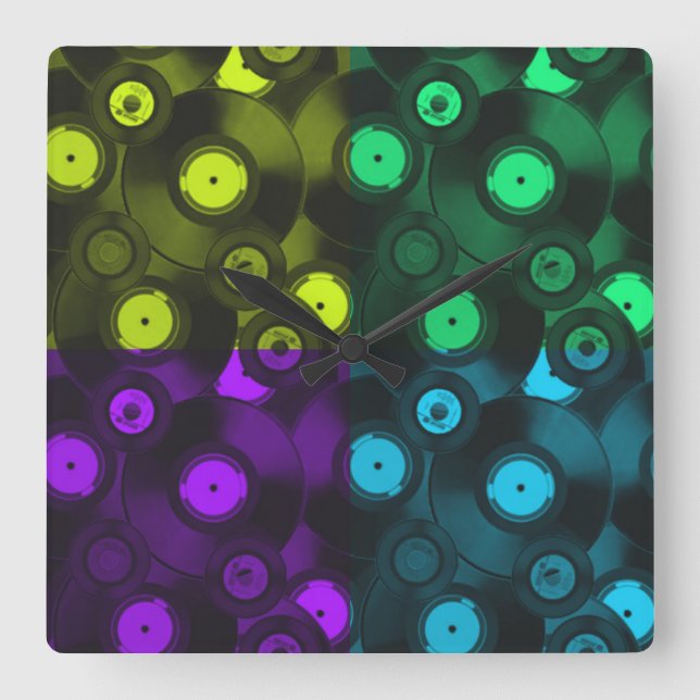 Retro Platten Neonfarbige Collage Quadratische Wanduhr (Vorderseite)