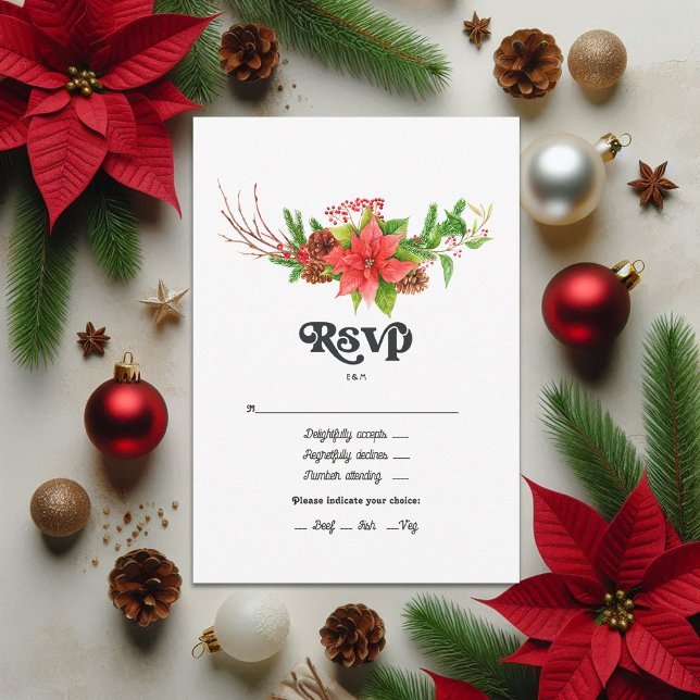 Retro Poinsettia Weihnachtsfeiertage RSVP Karte (Retro Poinsettia Christmas Holiday Wedding RSVP Card)