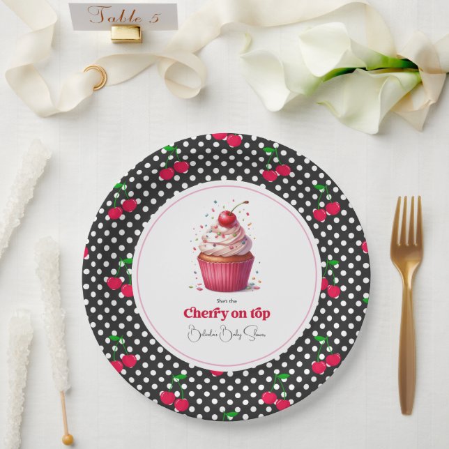 Retro Polka Dot Thema Cherry auf Top Baby Dusche Pappteller (Hochzeit)