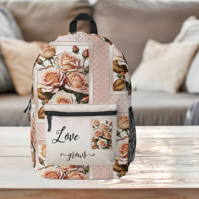 Retro Polka Dots Pink Liebe Anstrichene Rose Bedruckter Rucksack (Backpack featuring a retro pattern design with pretty painted roses on blush pink polka dots)