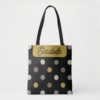 Retro Polka Punkte Schwarz Senf Name Personalisier Tasche