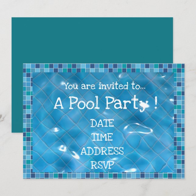 Retro Pool Party blaue Fliesen Einladung (Vorne/Hinten)