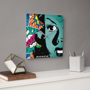 Retro Pop Art Cartoon Girl - individuelles Angebot Quadratische Wanduhr