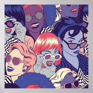 Retro Pop Art Comic Girls Nahtlose Muster. Backgr Poster