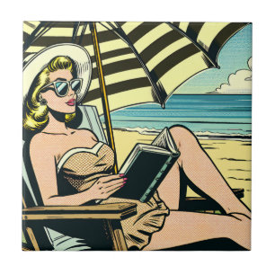 Retro-Pop-Art-Dame am Strand Fliese