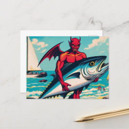 Retro Pop Art Devil mit einem Tunfisch am Strand Postkarte