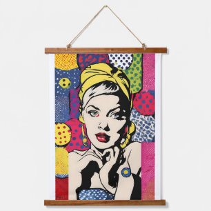 Retro-Pop-Art-Frauenporträt Wandteppich Mit Holzrahmen