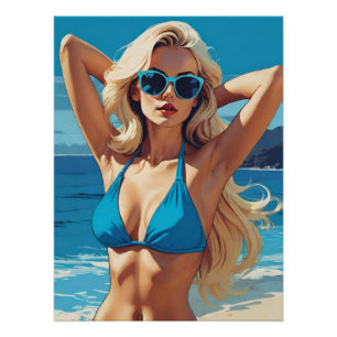 Retro-Pop-Art: Glamouröse Blondine im blauen Bikin Poster