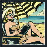 Retro Pop Art Lady am Strand Acryl Wandkunst<br><div class="desc">Schwarz-Gelb-Pop-Comic bucht ai art,  die eine Frau darstellt,  die ein Buch am Strand in einer Sonnenbrille liest und unter einem Regenschirm einen Sonnenschirm trägt.</div>