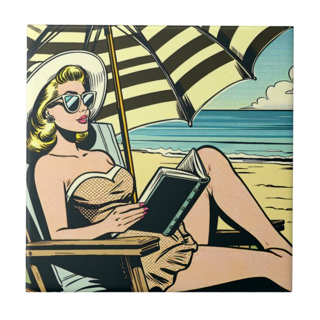 Retro Pop Art Lady am Strand Fliese (Vorderseite)