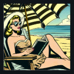 Retro Pop Art Lady am Strand Poster<br><div class="desc">Schwarz-Gelb-Pop-Comic bucht ai art,  die eine Frau darstellt,  die ein Buch am Strand in einer Sonnenbrille liest und unter einem Regenschirm einen Sonnenschirm trägt.</div>