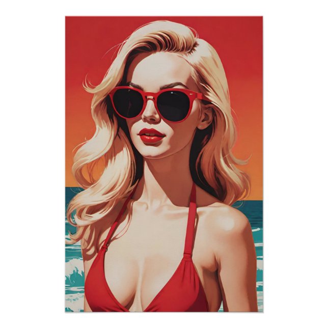 Retro Pop Art: Stilvolle Blonde in Red Bikini Poster (Vorderseite)