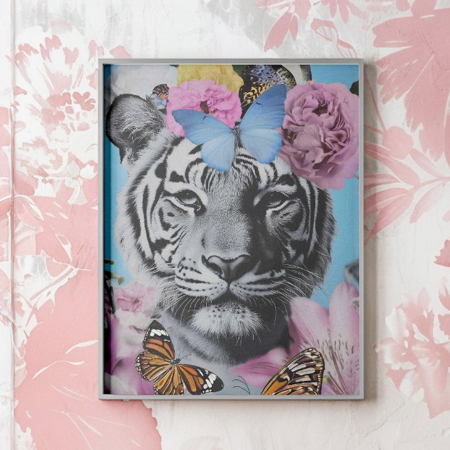 Retro Pop Art Tiger und Schmetterlinge Collage Poster (Retro-inspired collage featuring a striking tiger adorned with soft florals and butterflies. )