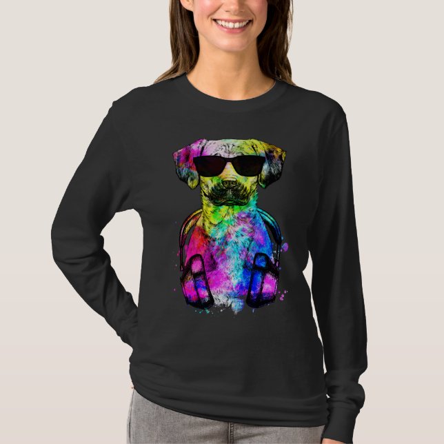 Retro Pop Black Mouth Cur Dog Portrait with Headph T-Shirt (Vorderseite)